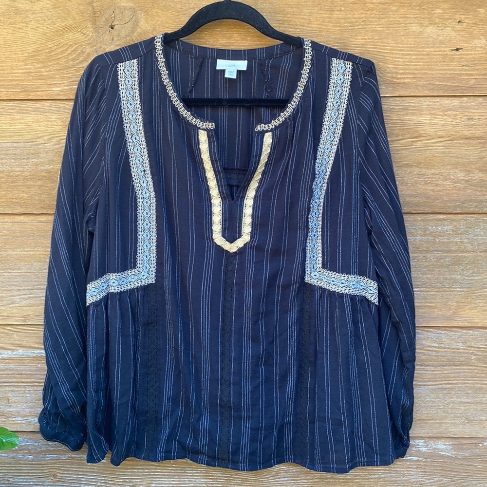 J. Jill Black w/ White Stripes Tunic with Crochet Detail